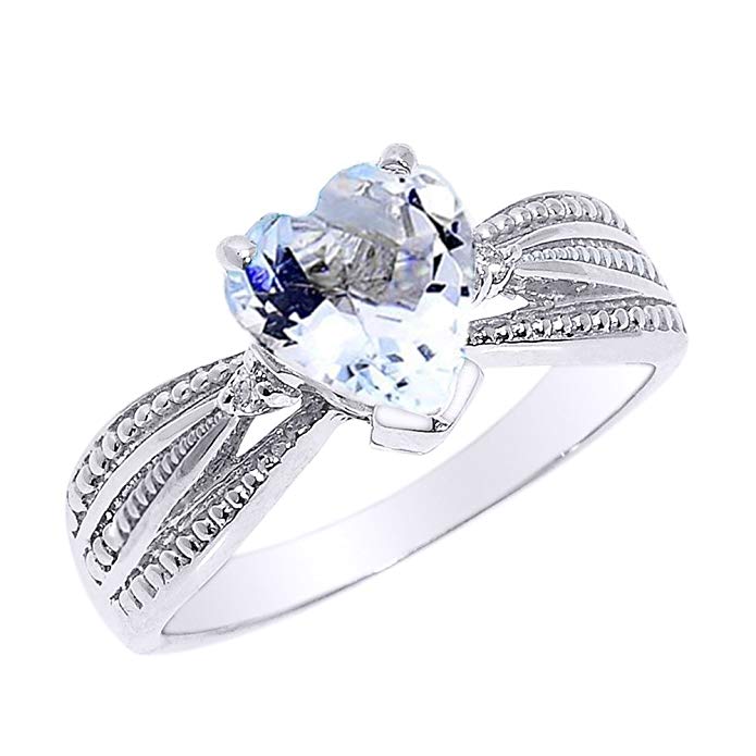 Solid 14k White Gold Aquamarine and Diamond Proposal Ring