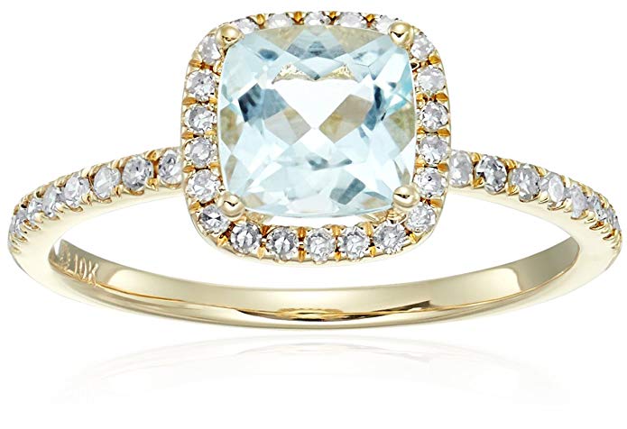 10k Yellow Gold Aquamarine and Diamond Cushion Halo Engagement Ring (1/4cttw, H-I Color, I1-I2 Clarity), Size 7