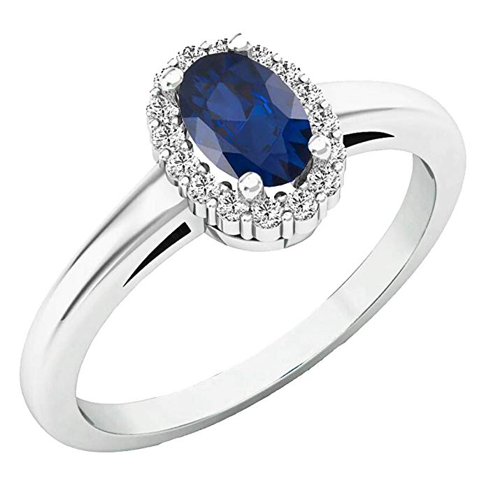 14K White Gold 6X4 MM Oval Blue Sapphire & Round Diamond Ladies Halo Engagement Ring (Size 8.5)