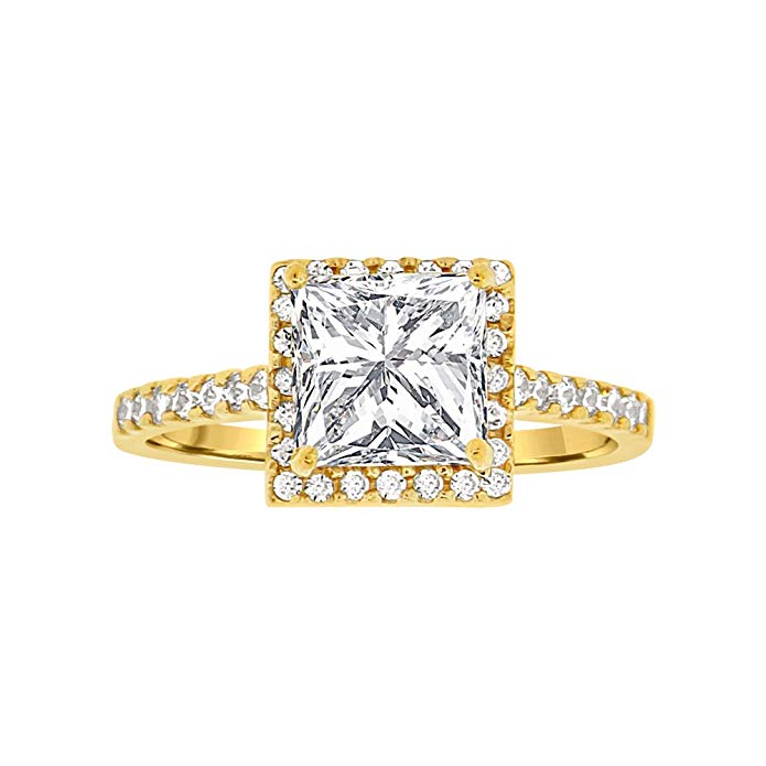 14k Yellow Gold, Micro Pave Lady Engagement Ring Princess Cut Created CZ Crystals 1.0ct