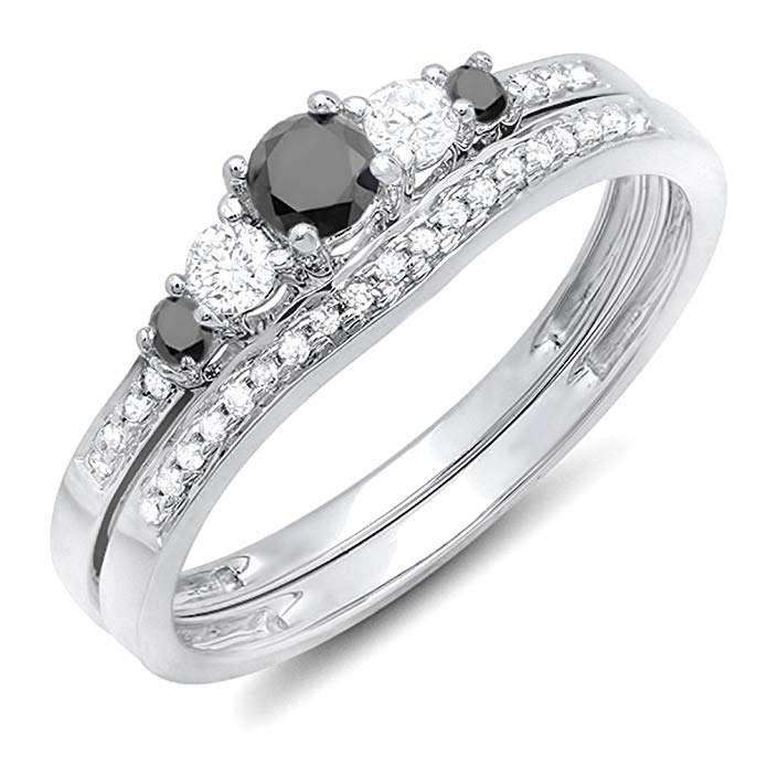 0.45 Carat (ctw) 18k White Gold Round Black And White Diamond Ladies 5 Stone Bridal Engagement Ring Set