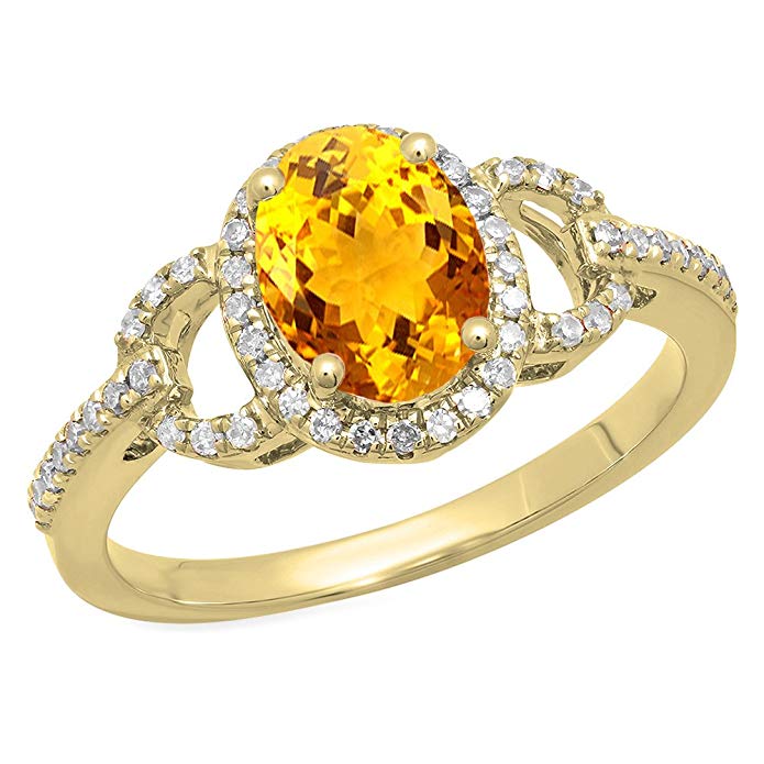 14K Yellow Gold 8X6 MM Each Oval Gemstone & Round Diamond Ladies Bridal Halo Engagement Ring