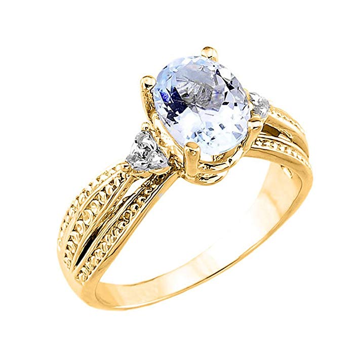 Women's 10k Yellow Gold Diamond Band Oval Aquamarine Engagement Ring