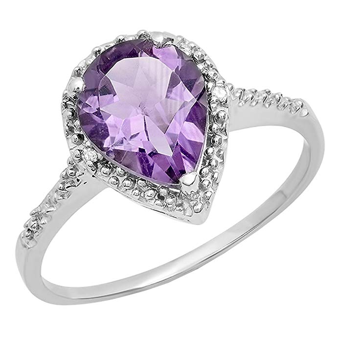 Sterling Silver 10X7 MM Pear Amethyst & Round White Diamond Ladies Engagement Ring