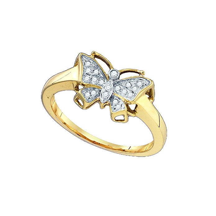 10k Yellow Gold Round Diamond Butterfly Bug Cluster Ring 1/12 Cttw