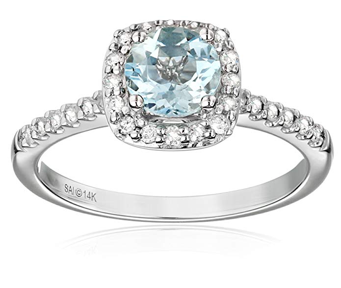14k White Gold Aquamarine and Diamond (1/4cttw, H-I Color, I2-I3 Clarity) Halo Engagement Ring, Size 7