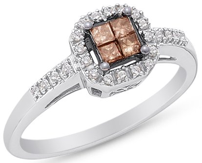 Sonia Jewels 10K White Gold Halo Invisible Set Princess and Round Cut Chocolate Brown and White Diamond Engagement Ring OR Fashion Band - Square Princess Shape Center Setting - (1/4 cttw.)