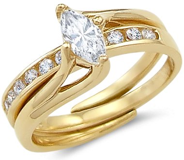 Solid 14k Yellow Gold Ladies Engagement Wedding CZ Cubic Zirconia 2 Ring Set 1.0 ct