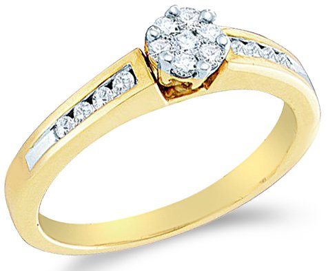 10k Yellow Gold Diamond Engagement Invisible Set Solitaire Style Center Setting Flower Shape Center with Side Stones Round Cut Diamond Ring 5mm (1/4 cttw)