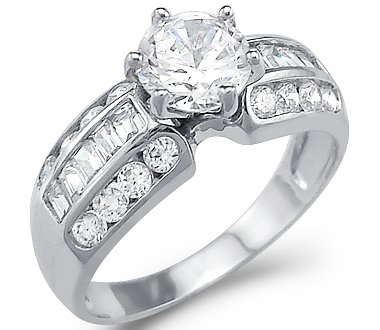 Solid 14k White Gold Round Baguette CZ Cubic Zirconia Engagement Ring 2.5 ct