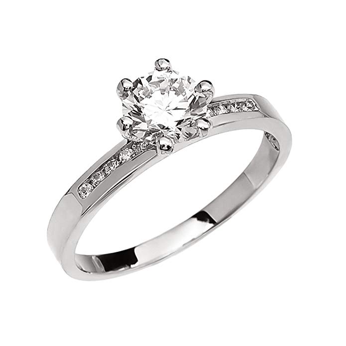 14k White Gold Channel-Set Diamond Engagement Proposal Ring With 1 Carat White Topaz Solitaire Centerstone