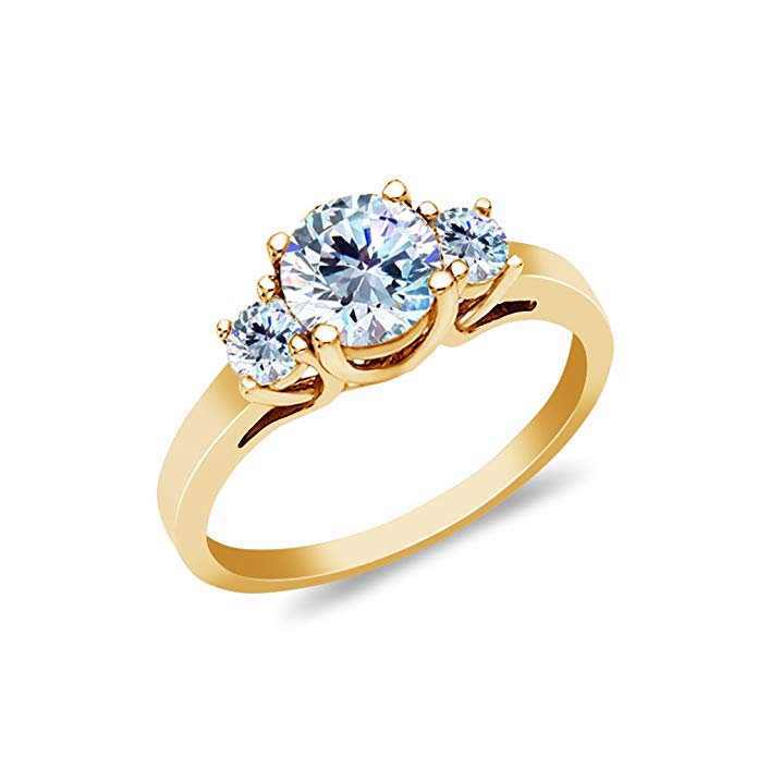 Ioka - 14K Solid Gold 1 Ct. 3 Round Tri Stone Cubic Zirconia CZ Wedding Engagement Ring