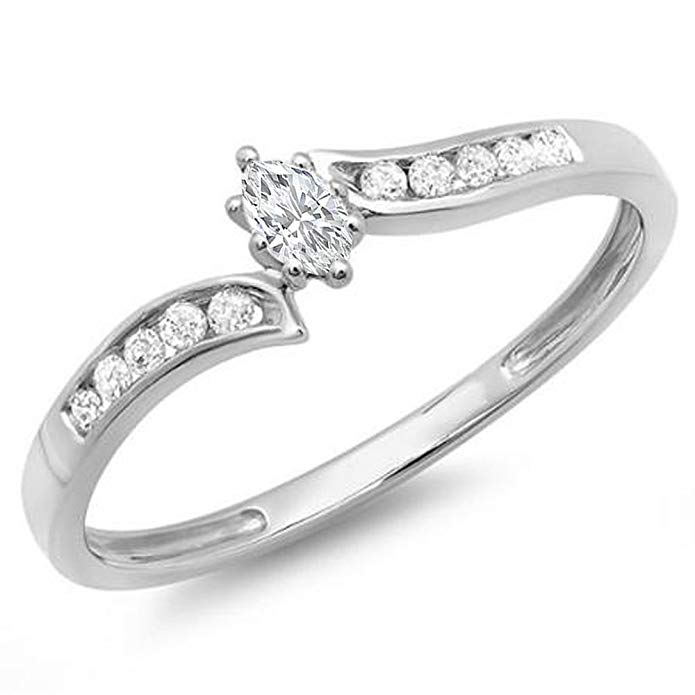 0.18 Carat (ctw) 14k White Gold Marquise & Round Diamond Ladies Swirl Engagement Bridal Ring
