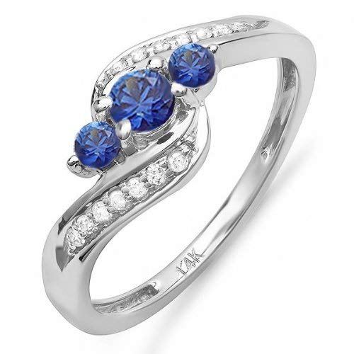 14K White Gold Round Blue Sapphire And White Diamond Ladies Swirl Engagement 3 Stone Bridal Ring