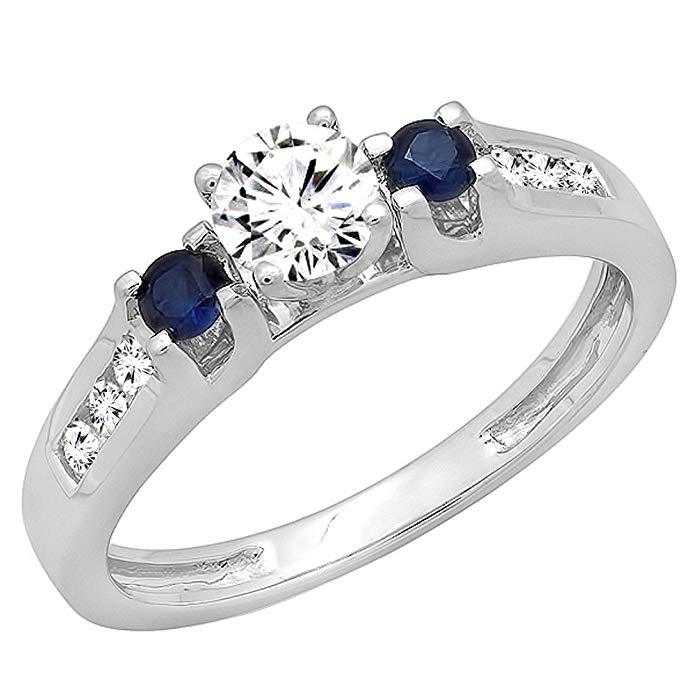 14K Gold Round White & Blue Sapphire & Diamond Bridal Engagement Ring