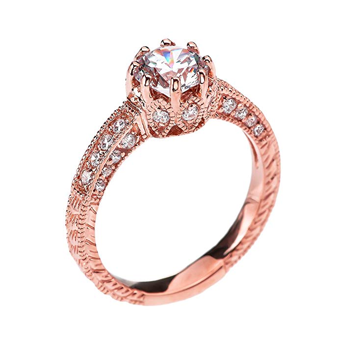 Art Deco Diamond 10K Rose Gold Engagement and Proposal Ring with 1 Carat White Topaz Centerstone
