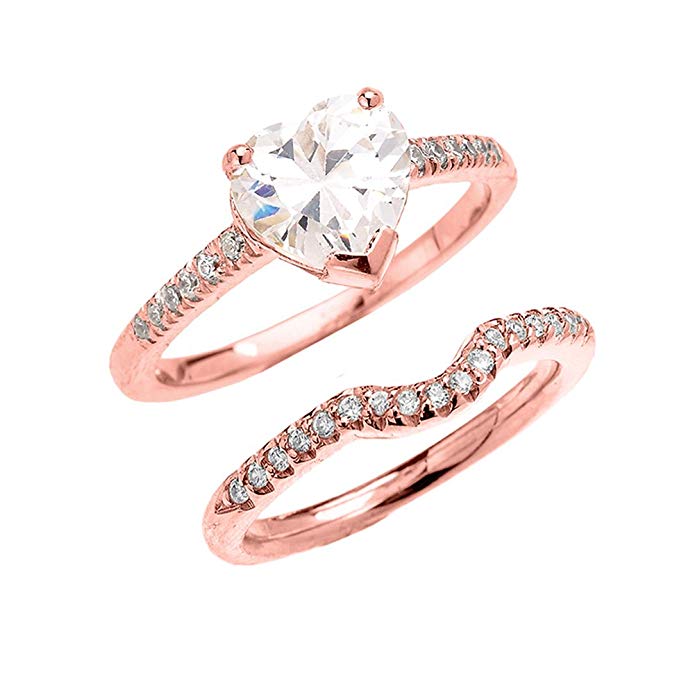 CZ Engagement Rings 10k Rose Gold Dainty Heart Shape Cubic Zirconia Solitaire Wedding Ring Set