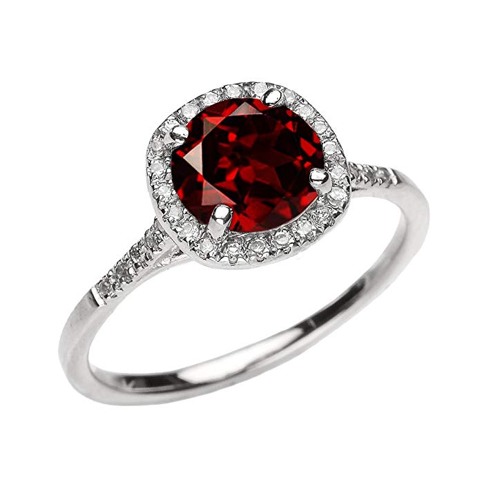 Dainty 10k White Gold Halo Diamond and Garnet Centerstone Engagement Proposal Ring