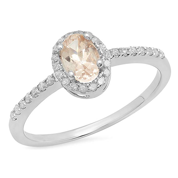 Dazzlingrock Collection Sterling Silver Oval Cut Morganite & Round Cut White Diamond Bridal Halo Style Engagement Ring