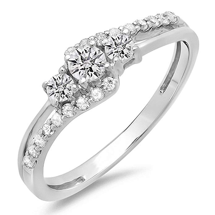 0.45 Carat (ctw) 10k White Gold Round Diamond Ladies 3 Stone Bridal Engagement Promise Ring 1/2 CT