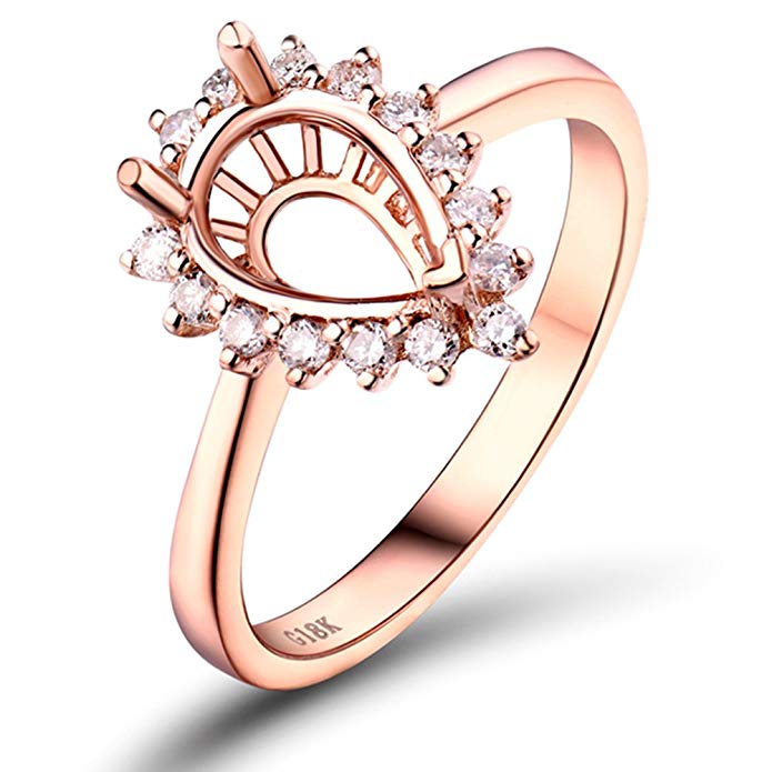 Lanmi 6X9mm Pear Solid 14k Rose Gold Engagement Semi mount diamond Ring