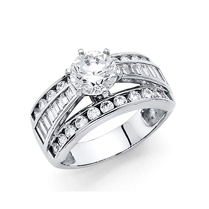 14k White Gold Round CZ Engagement Ring Anniversary CZ Wide Band Round Baguette Side Stones