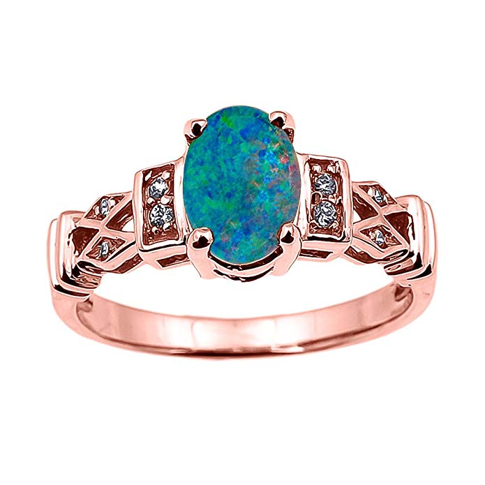 Solid 14k Rose Gold Australian Opal Doublet and Diamond Engagement Proposal Ring