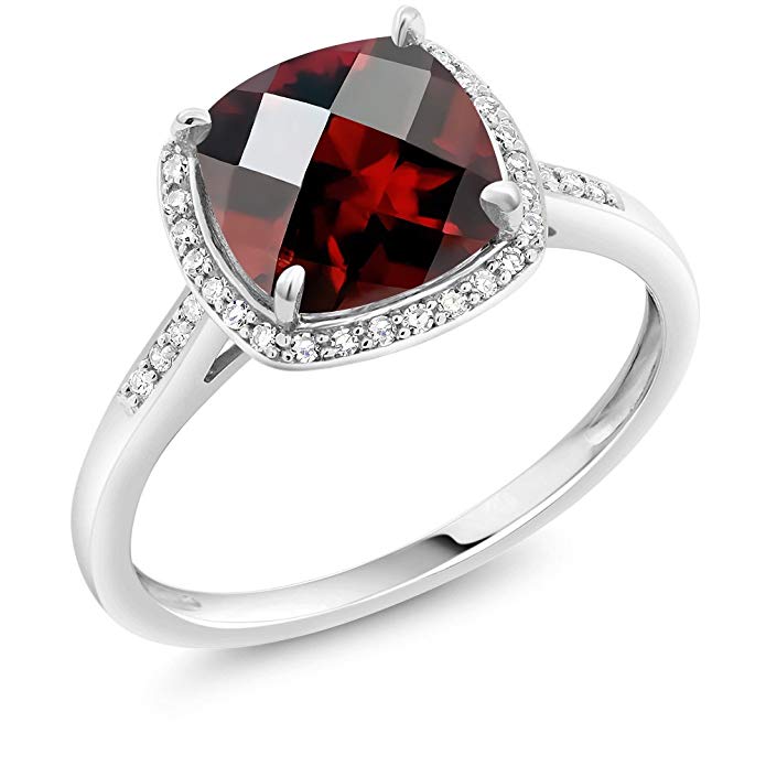 2.40 Ct Cushion Checkerboard Red Garnet 10K White Gold Engagement Ring with Accent Diamonds (Available 5,6,7,8,9)