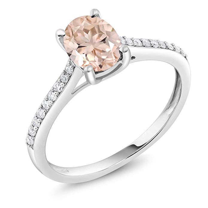 10K White Gold Peach Morganite and Diamond Engagement Solitaire Ring 1.10 Center Oval Stone: 8x6mm (Available 5,6,7,8,9)