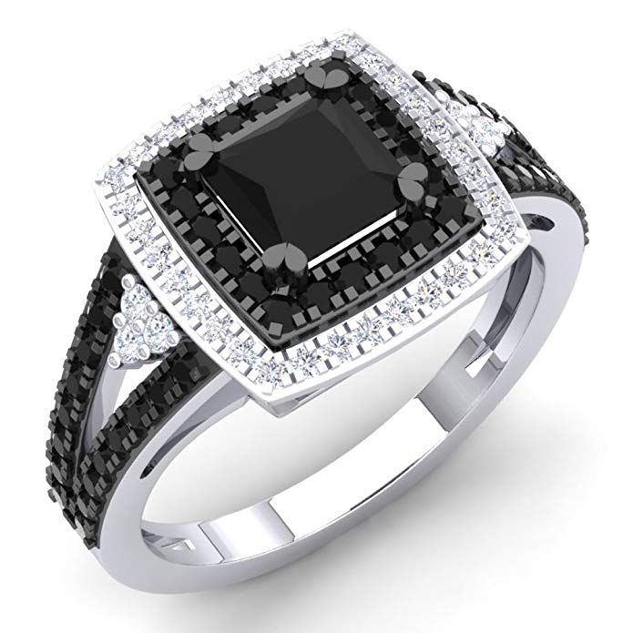 Dazzlingrock Collection 1.45 Carat (ctw) Sterling Silver Black & White Diamond Bridal Halo Style Engagement Ring 1 1/2 CT