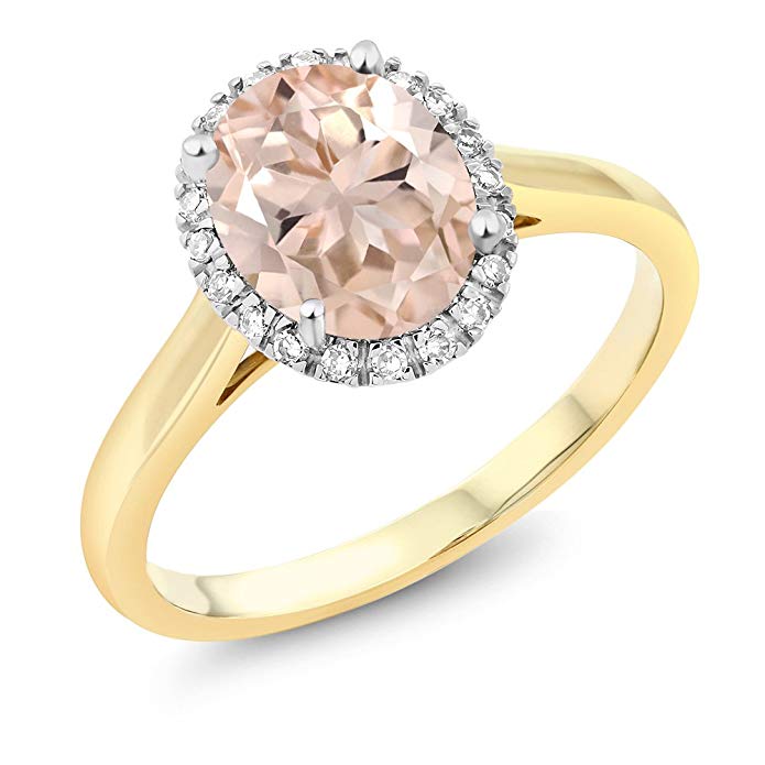 10K Two-Tone Gold Oval Peach Morganite and Diamond Halo Engagement Ring 1.60 Ct (Available 5,6,7,8,9)