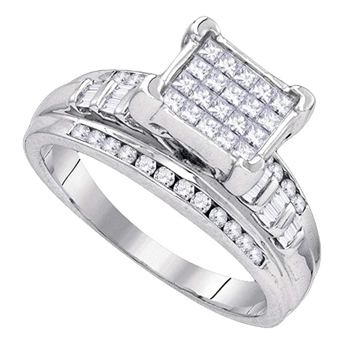 Sterling Silver Womens Princess Diamond Square Cluster Bridal Wedding Engagement Ring 1/3 Cttw