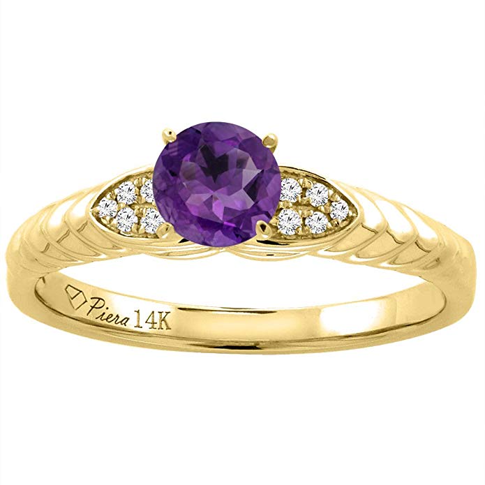 14K White Gold Diamond Natural Amethyst Engagement Ring Round 5 mm, sizes 5-10