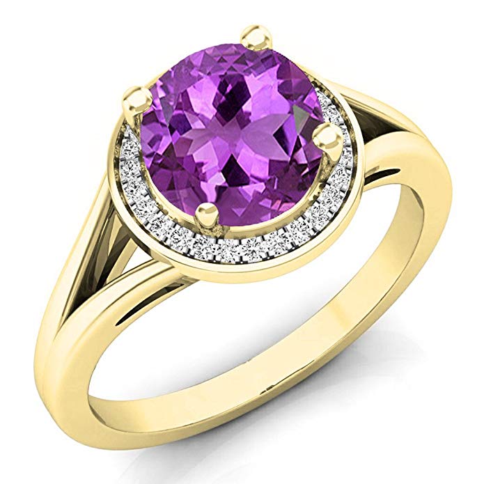 14K Yellow Gold 7 MM Gemstone & White Diamond Halo Style Bridal Engagement Ring