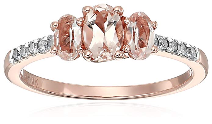 10k Rose Gold Morganite and Diamond 3-Stone Engagement Ring, Size 7