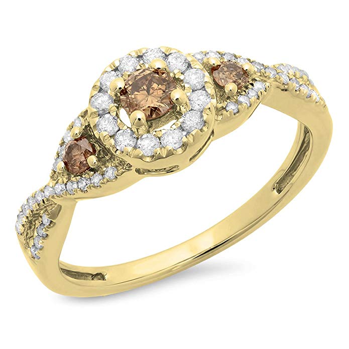 Dazzlingrock Collection 0.50 Carat (ctw) 10K Gold Round Champagne & White Diamond 3 Stone Halo Bridal Engagement Ring 1/2 CT