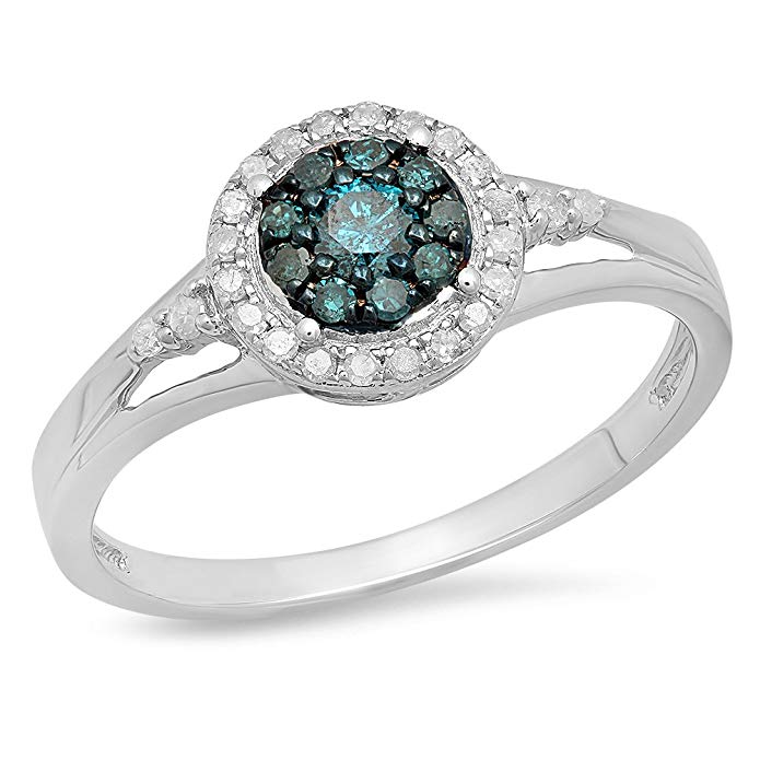 Dazzlingrock Collection 0.30 Carat (ctw) Sterling Silver Round White & Blue Diamond Ladies Cluster Engagement Ring 1/3 CT