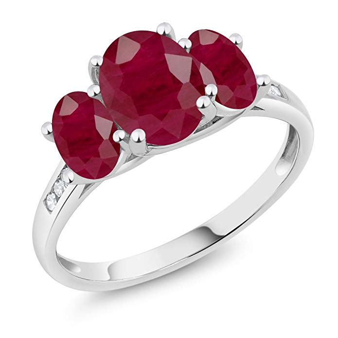 10K White Gold Diamond Accent Oval Red Ruby 3-Stone Ring 2.80 Ct (Available 5,6,7,8,9)