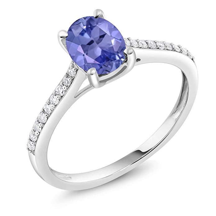 10K White Gold Pave Diamond Engagement Solitaire Ring set with 8x6mm Oval Blue Tanzanite 1.26 ct (Available 5,6,7,8,9)