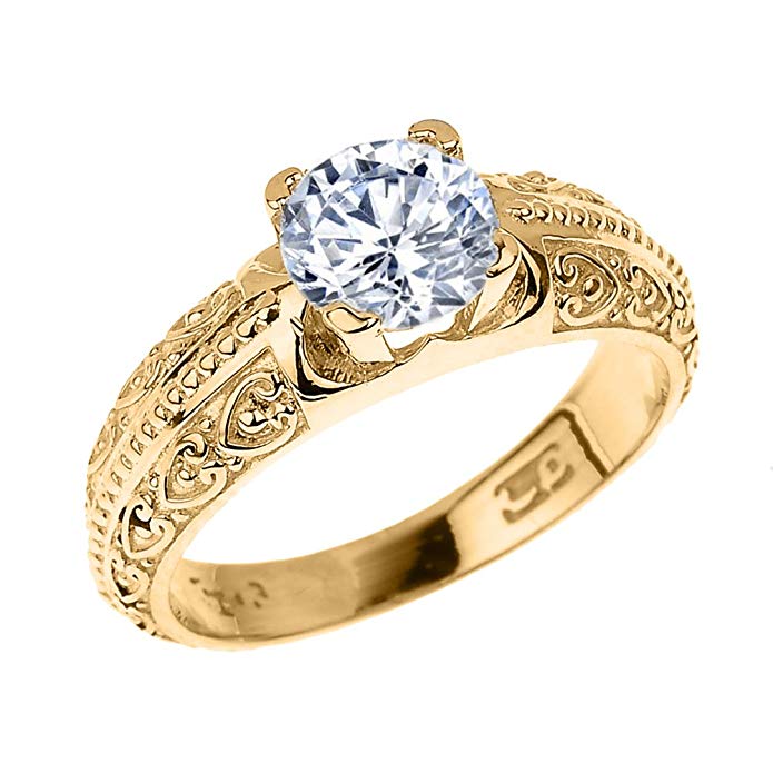 Solid 10k Yellow Gold Art Deco CZ Solitaire Engagement Ring