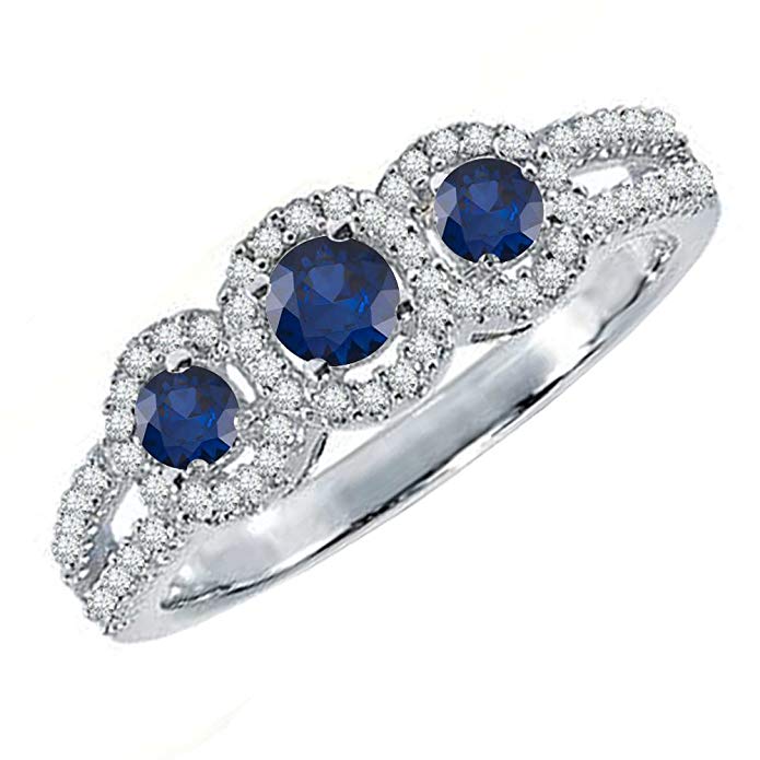 10K White Gold Round Blue Sapphire & White Diamond Ladies Engagement Ring