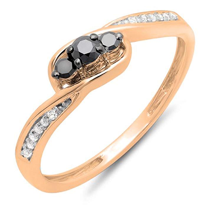 0.25 Carat (ctw) 10k Gold Round Black & White Diamond Ladies 3 Stone Engagement Promise Ring 1/4 CT