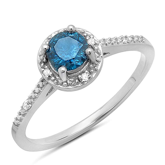 0.50 Carat (ctw) 10K White Gold Round Cut Blue & White Diamond Ladies Bridal Engagement Halo Ring 1/2 CT