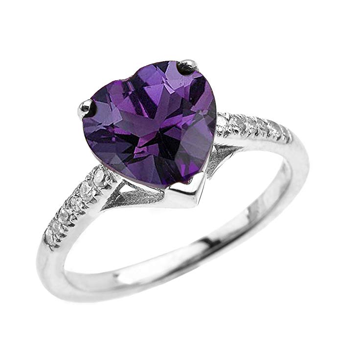 Dainty 14k White Gold Solitaire Heart Amethyst and Diamond Engagement Proposal Ring