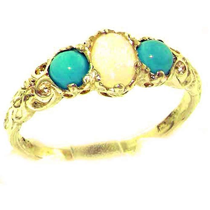 LetsBuyGold 10k Yellow Gold Real Genuine Opal & Turquoise Womens Band Ring