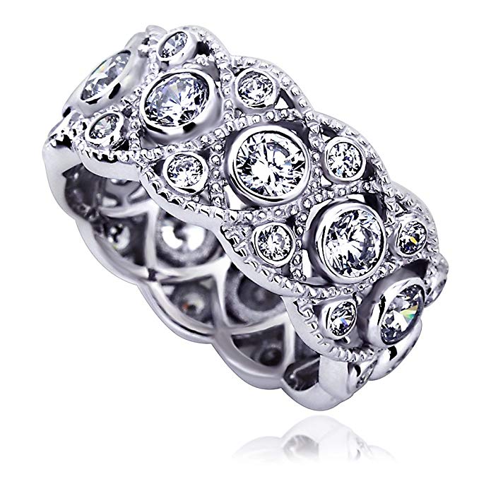 14K White Gold Engagement Ring CZ Round Bezel Set Milgrain Eternity Wedding Band Ring