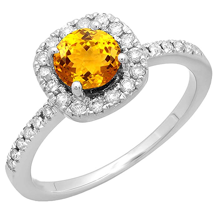 14K White Gold 6 MM Round Gemstone & White Diamond Bridal Halo Engagement Ring