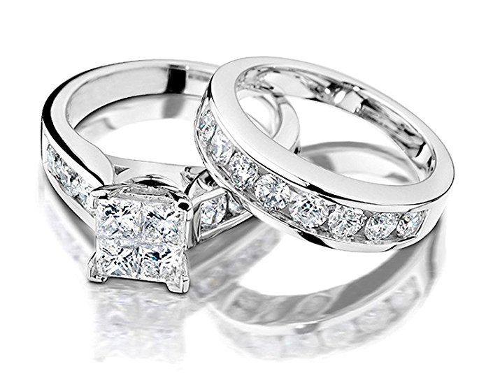 1/2 Carat (ctw) Princess Cut Diamond Engagement Rings for women and Wedding Band Set in 10K White Gold