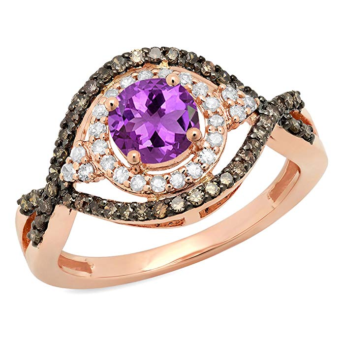 14K Rose Gold 6 MM Round Gemstone, Champagne & White Diamond Bridal Halo Style Engagement Ring
