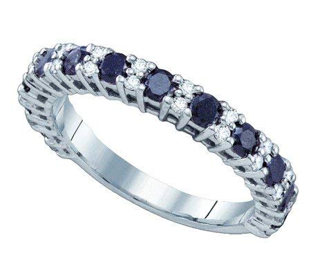 Ladies 10K White Gold 1.09ct Round Cut Black and White Diamond Wedding Engagement Band Ring (size 7)